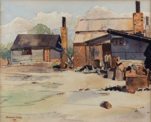 HORACE PAVE "Miners Huts, Victoria",&nbsp; signed lower left "Horace Pave '45", titled verso with 10 guineas price, 23cm x 28cm, 36cm x 40cm overall