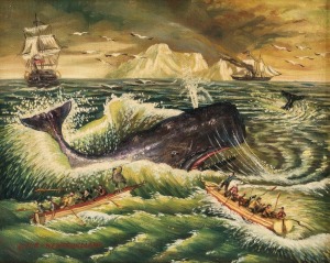 ARTIST UNKNOWN, (whaling scene, Newfoundland), oil on canvas, signed lower left "E.V.E., Newfoundland", 19 x 24cm, 31 x 36cm overall