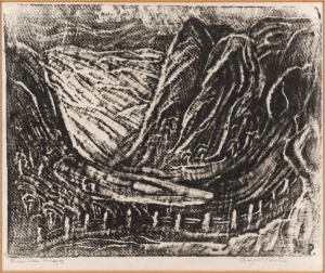 MARGARET PRESTON (1875-1963), Sunken Valley, Burragorang, woodblock, signed and titled in pencil in lower margin and initialed in plate lower right, ​​​​​​​25 x 30cm, 39 x 42cm overall