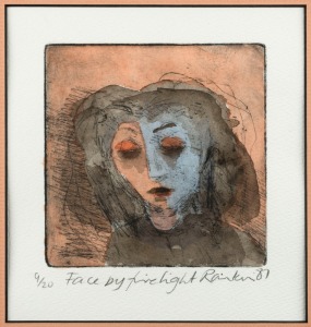 DAVID RANKIN (b.1946) Face by firelight, hand-coloured etching, editioned 9/20, signed "Rankin" and dated '87" in lower margin, 13 x 12cm; framed 43 x 39cm overall.