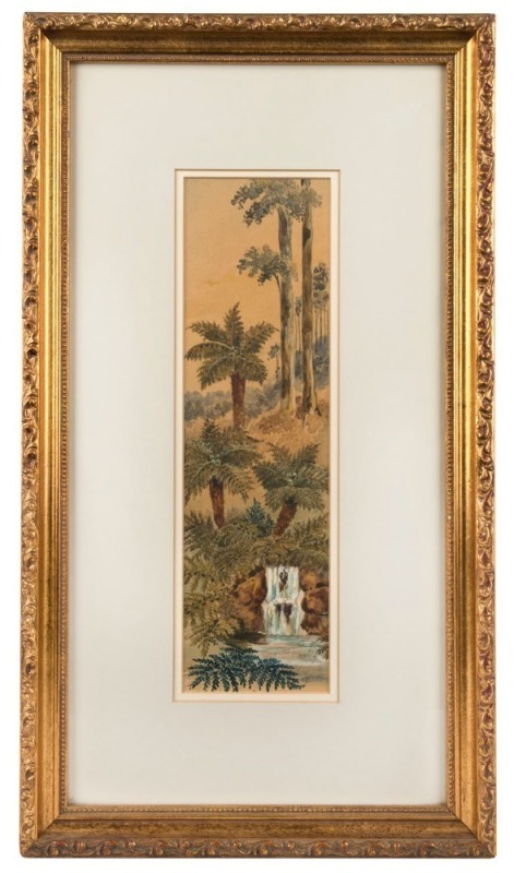 CHARLES TURNER (?-1893), Waterfall, Kew, 1880, watercolour, signed lower centre "Charles Turner", 34 x 9.5cm, 54 x 30cm overall