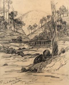 Three Australian artworks comprising a pencil sketch of the Yarra River at Warburton, an etching titled "Yarramouth", and a news journal engraving "The Basin Of The Yarra", ​​​​​​​the largest 35 x 44cm overall