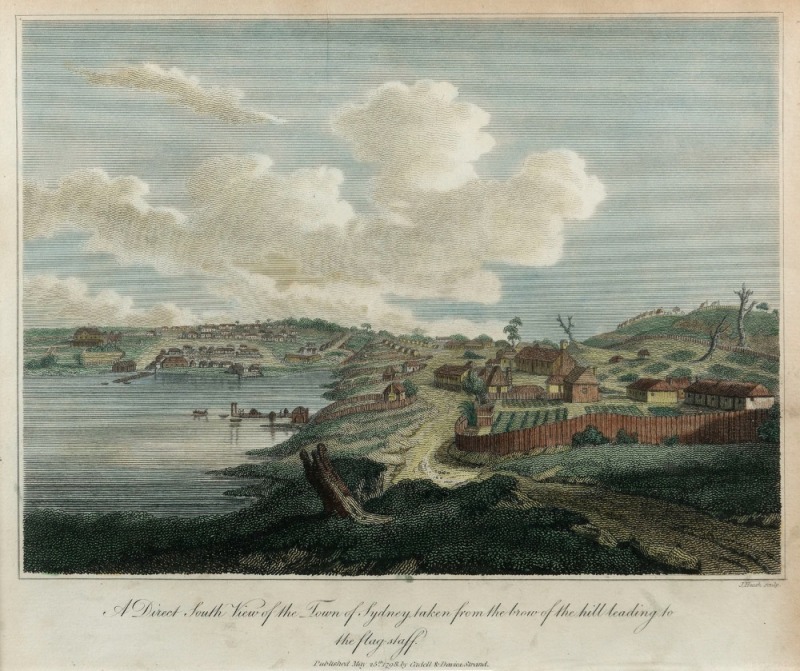 JAMES HEATH (1757-1834), "A Direct South View of the Town of Sydney taken from the brow of the hill leading to the flag-staff", hand-coloured copper engraving, published in 1798 by Cadell & Davies, Strand, plate size 22 x 26cm, 49 x 53cm overall