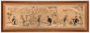 ORIGINAL COMIC ARTWORK: A three-panel Ben Bowyang strip titled in pencil "Gunn's Gullibility!" circa 1940, framed and glazed, 32 x 89cm overall.