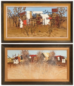 RICHARD BOGUSZ (b.1947), Figures and dilapidated outback buildings, oil on board, signed lower right, 46 x 92cm (a pair), individually framed, each 62 x 109cm.