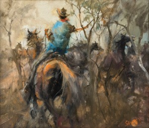 HUGH SAWREY (1919-1999), "The Brumby Runner, QLD",  oil on canvas,  signed lower right "Sawrey", titled verso,  30cm x 35cm, 49cm x 54cm overall Note: with accompanying book titled "Hugh Sawrey Outback"