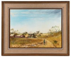 MAYNARD WATERS (1936 - ), (Figures in Queensland landscape), oil on board, signed lower right "Maynard Waters", 46cm x 61cm, 65cm x 80cm overall. Together with a rustic carved Australian timber bowl and a framed Block Arcade print by George Hadden. (2 ite