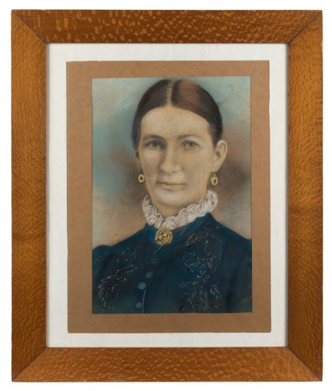 ARTIST UNKNOWN, portrait of a woman, pastel on paper, housed in a fine antique silky oak frame, image size 32 x 22cm, 51 x42.5cm overall, internal 32, x 23cm