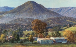 MICHAEL GOFF, Farm Sheds, Healesville, oil on board, signed lower right "M. Goff", 43 x 68cm, 56 x 81cm overall