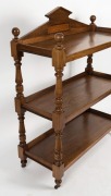 An antique Australian solid blackwood dumb waiter with Palladian panelled rail back, three&nbsp;tiers, incised bulbous pillars and ball finials, circa 1890, 131.5cm high, 105.5cm wide, 44cm deep - 2