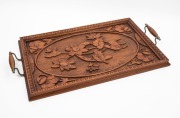 A folk art timber tray with carved horseshoe and floral motif, 19th/20th century,&nbsp; 62cm across the handles - 2