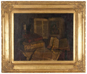 Janos Molnar, European 19th century Still Life - Books and candlesticks on a table, oil on canvas signed lower left. 48 x 60cm&nbsp;