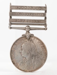 The QUEEN'S SOUTH AFRICA MEDAL with CAPE COLONY, ORANGE FREE STATE & TRANSVAAL clasps, engraved to 866 PTE E.E. HOWELL. VICTORIAN M.R. Edgar Earnest Howell was with the 5th Victorian Mounted Rifles.