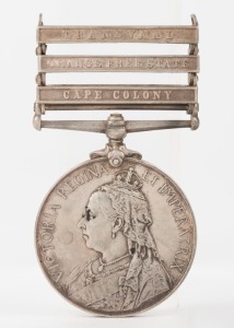 The QUEEN'S SOUTH AFRICA MEDAL with CAPE COLONY, ORANGE FREE STATE and TRANSVAAL clasps, engraved to 874 PTE E.J. MAGUIRE. VICTORIAN M.R. Edwin James Maguire was with the 5th Victorian Mounted Rifles.