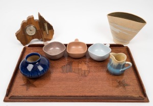 An Australiana timber clock and serving tray, together with an ERIC JUCKERT pottery vase, a MELROSE WARE blue pottery vase, a REMUED blue glazed jug and three GUY BOYD pottery ramekins, 20th century (8 items), the tray 55cm wide