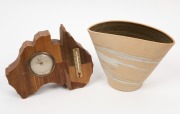 An Australiana timber clock and serving tray, together with an ERIC JUCKERT&nbsp;pottery vase, a MELROSE WARE blue pottery vase, a REMUED blue glazed jug and three GUY BOYD pottery ramekins, 20th century (8 items), the tray 55cm wide - 3