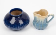 An Australiana timber clock and serving tray, together with an ERIC JUCKERT&nbsp;pottery vase, a MELROSE WARE blue pottery vase, a REMUED blue glazed jug and three GUY BOYD pottery ramekins, 20th century (8 items), the tray 55cm wide - 4