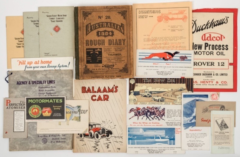 MOTOR TRADE: An original "Exide Batteries" poster (1926); a "Keep Bros. & Wood Pty Ltd, Batman Street, West Melbourne c.1930s trade catalogue; various unused motor-trade related advertising blotters (Golden Fleece, Aero-Press, Shell Motor Oil, etc.); an A