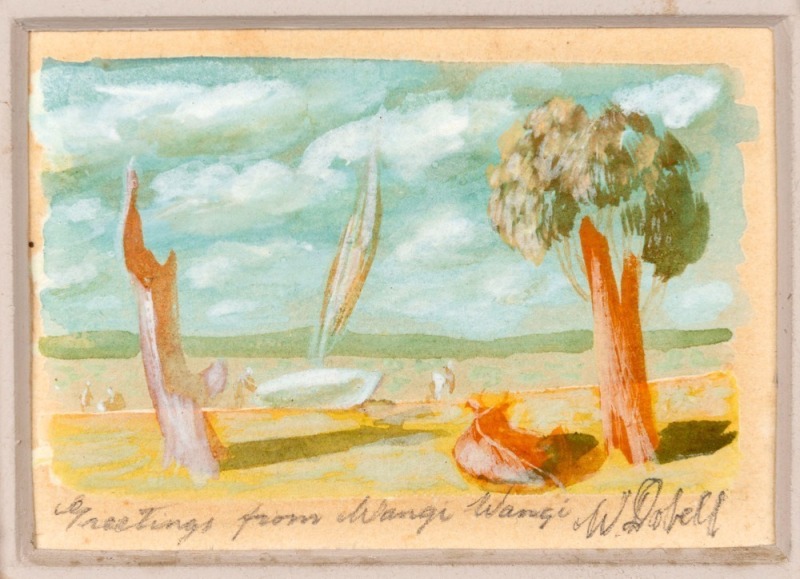 WILLIAM DOBELL (1899-1970), Greetings From Wangi Wangi, watercolour, titled and signed "W. Dobell" in lower margin,? ​​​​​​​7 x 9.5cm, 30 x 31cm overall