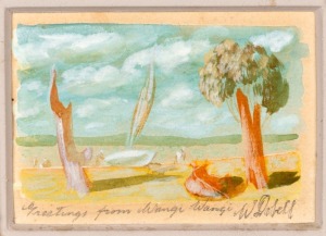 WILLIAM DOBELL (1899-1970), Greetings From Wangi Wangi, watercolour, titled and signed "W. Dobell" in lower margin,? 7 x 9.5cm, 30 x 31cm overall