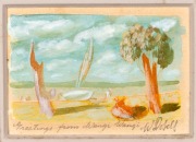 WILLIAM DOBELL (1899-1970), Greetings From Wangi Wangi, watercolour, titled and signed "W. Dobell" in lower margin,? ​​​​​​​7 x 9.5cm, 30 x 31cm overall