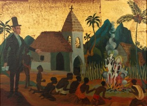 DONALD STUART LESLIE FRIEND (1915-89), "The Preacher" Gold Series, oil on board, signed "Donald Friend" lower right, 27 x 37cm, 43 x 53cm overall.