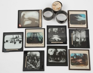 WHALING INTEREST group of 17 Magic Lantern black and white glass slides including "Cutting Out Whale Bone", "Making Off Walrus Skins", "Whaling - The Whale's Tongue", "A Whale is Captured", "Polar Bear Hunting" and others. A fascinating and grisly collect