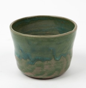 MERRIC BOYD green glazed pottery bowl, incised "Merric Boyd, 1937", 7cm high, 9cm wide