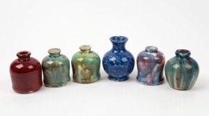 Six assorted mercury bottles and jars with coloured glazes, Fowler and others, the largest 8cm high