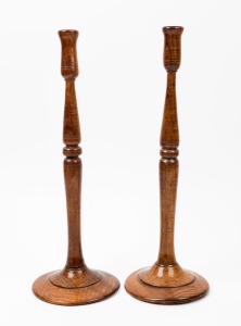 A pair of antique Australian fiddleback blackwood candlesticks, 19th/20th century, 39.5cm high