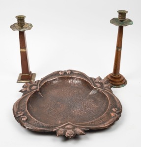 Australian Art & Crafts copper tray and two silky oak, mountain ash and brass candlesticks, early 20th century, (3 items), the tray 39cm wide