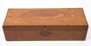 New Zealand folk art box with marquetry Taniwha top and ownership monogram "M. G.", 19th/20th century, 9cm high, 33cm wide, 12cm deep