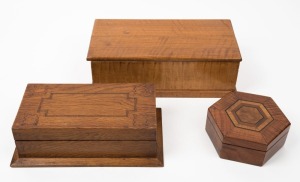 Three assorted Australian timber boxes, including hexagonal blackwood example inlaid with musk and cedar, 20th century, the largest 29cm wide