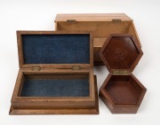 Three assorted Australian timber boxes, including hexagonal blackwood example inlaid with musk and cedar, 20th century, ​​​​​​​the largest 29cm wide - 2