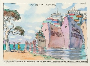 JOHN SPOONER (1946 - ), After The Dredging, watercolour and ink, signed upper right, "Spooner", 17 x 23cm, 29 x 35cm overall