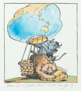 JOHN SPOONER (1946 - ), Gold Gold, watercolour and ink, signed lower left,&nbsp;"Spooner", with pencil endorsed inscription to the lower margin, 20 x 29cm, 25 x 34cm overall