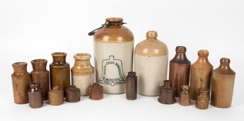 Assorted antique pottery bottles, jars and ink pots, 19th/20th century, (17 items), the largest 25cm high