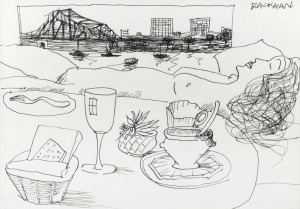 § CHARLES BLACKMAN (1928-2018), Still Life With Nude And Sydney Harbour, ink on paper, signed upper right "Blackman", 29.5 x 41.8cm, 43 x 53cm overall