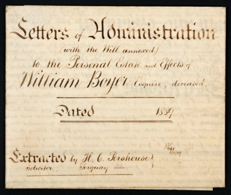 A TASMANIAN WILL & LETTERS OF ADMINISTRATION for WILLIAM BOYER [1889] with the large Seal of the High Court of Australia still attached. William Boyer had arrived in Tasmania in 1868. He established his estate 6km from New Norfolk on the banks of the Derw