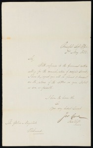 [VAN DIEMEN'S LAND] The Assignment System 2 May 1833, original letter from the Principal Superintendents Office, to Josiah Spode, The Police Magistrate, Richmond, being a request for a list of the names of the free settlers in the district in order for th