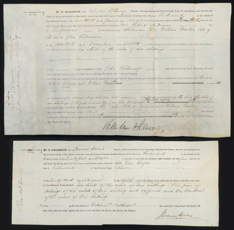 [VAN DIEMEN'S LAND] Oct.1844 & Jan.1853 vellum documents summarising 2 cases brought to court; the first signed by THOMAS HORNE [Judge, MP & Solicitor-General]; the latter signed by VALENTINE FLEMING [Judge, Chief Justice, MP & Solicitor-General]. Both ca