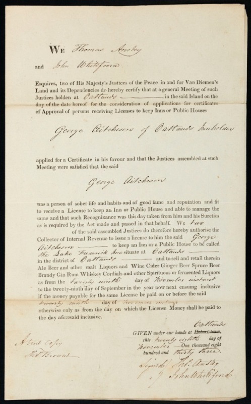 AN EX-CONVICT APPLIES FOR A LICENCE TO KEEP AN INN or PUBLIC HOUSE ​​​​​​​November 1833 application by GEORGE AITCHESON of OATLANDS to operate the Lake Frederick Inn, being a printed document completed in manuscript on behalf of the JPs Thomas Anstey and