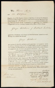 AN EX-CONVICT APPLIES FOR A LICENCE TO KEEP AN INN or PUBLIC HOUSE November 1833 application by GEORGE AITCHESON of OATLANDS to operate the Lake Frederick Inn, being a printed document completed in manuscript on behalf of the JPs Thomas Anstey and John Whitefoord.