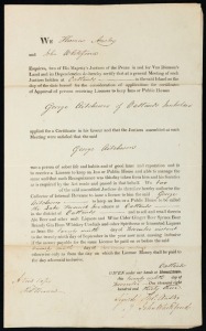 AN EX-CONVICT APPLIES FOR A LICENCE TO KEEP AN INN or PUBLIC HOUSE ​​​​​​​November 1833 application by GEORGE AITCHESON of OATLANDS to operate the Lake Frederick Inn, being a printed document completed in manuscript on behalf of the JPs Thomas Anstey and 