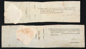 [VAN DIEMEN'S LAND] Seals of the Colony with the original signatures of Lieutenant-Governors JOHN FRANKLIN & WILLIAM DENISON on the lower sections cut from two ticket-of-leave documents; dated 14th July 1841 and 18th September 1847 respectively. (2 items)