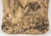 WILLIAM RICKETTS "WELCOME" rare pottery tree stump wall pocket adorned with koala and possums, incised "Wm. Ricketts, Mt. Dandenong", 39cm high - 3