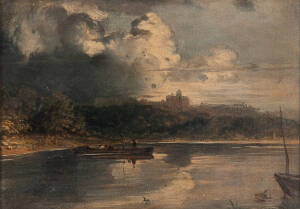 JOHN LINNELL (attributed): Oil on board sketch of Windsor Castle from the Thames. 28 x 19cm