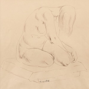 GEORGE BELL (1878-1966), kneeling nude, pen on paper, signed "George Bell", ​​​​​​​20 x 20cm, 56 x 45cm overall