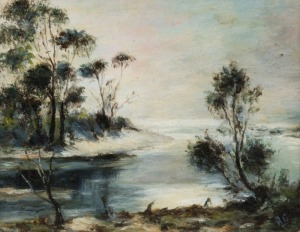 ARTIST UNKNOWN, (river scene), oil on card, signed lower right "A.G.", ​​​​​​​10 x 13cm, 26 x 27cm overall