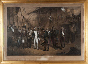 "Nelson on Board the San Joseph" hand coloured print, 19th century. 88 x 58cm